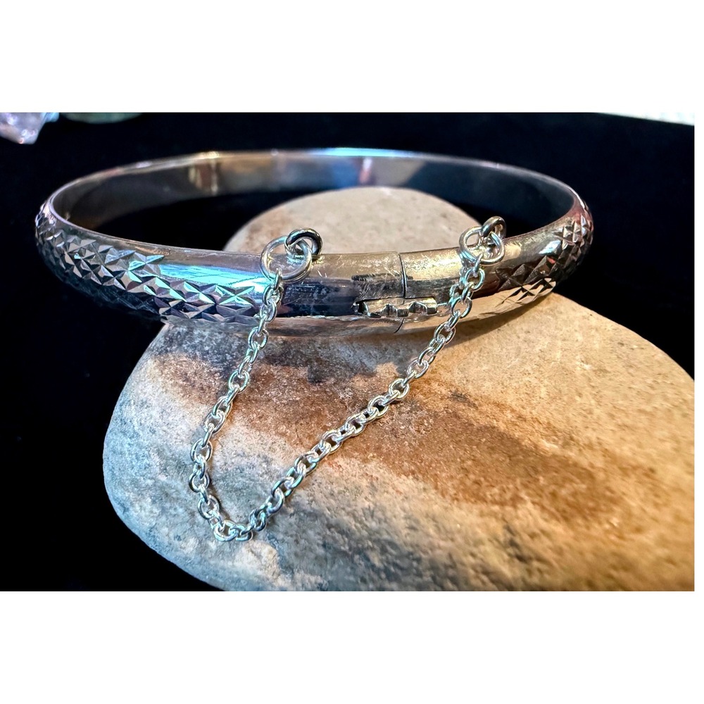 925 Sterling Silver Diamond Cut Bangle Bracelet 3" Diameter Textured Stackable